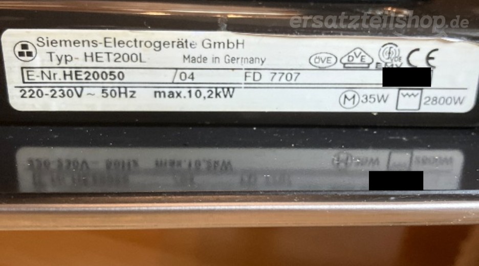 Typenschild Siemens HE20050/04