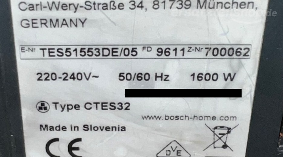 Typenschild Bosch TES51553DE/05