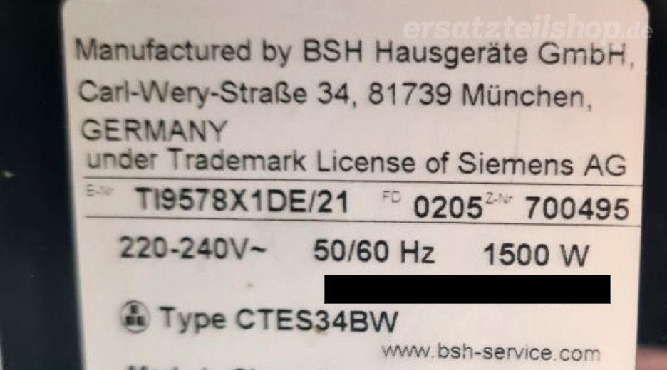 Typenschild Siemens TI9578X1DE/21