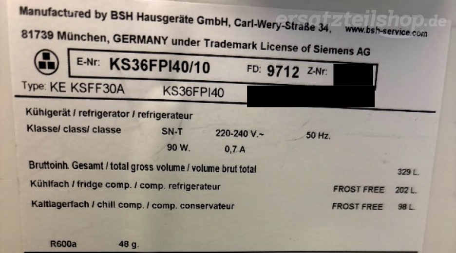 Typenschild Siemens KS36FPI40/10