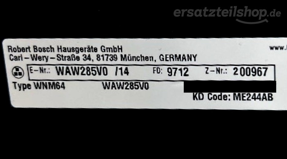 Typenschild Bosch WAW285V0/14