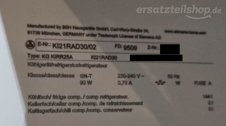 Typenschild Siemens KI21RAD30/02