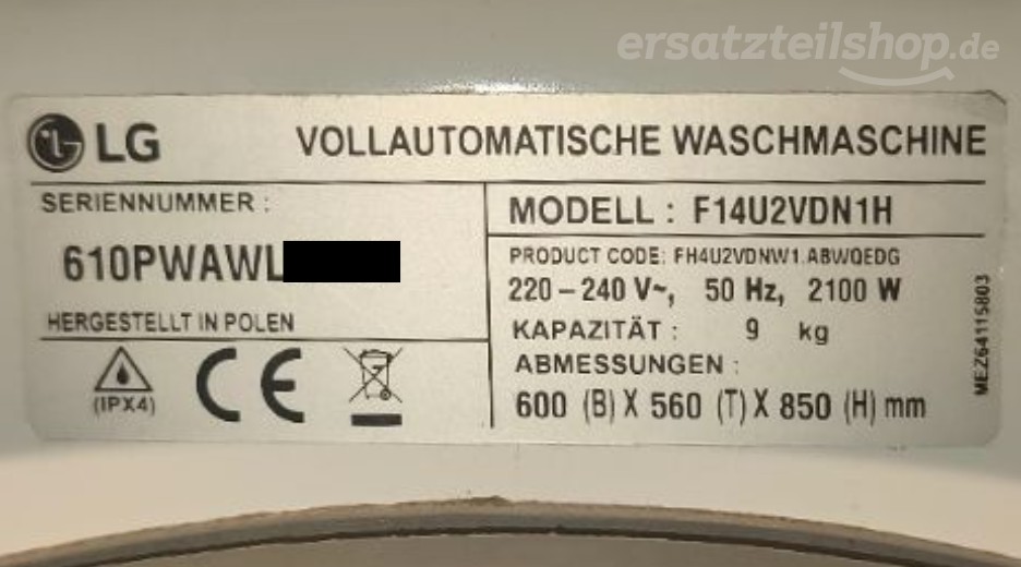 Typenschild LG F14U2VDN1H.ABWQEDG F14U2VDN1H.ABWQEDG