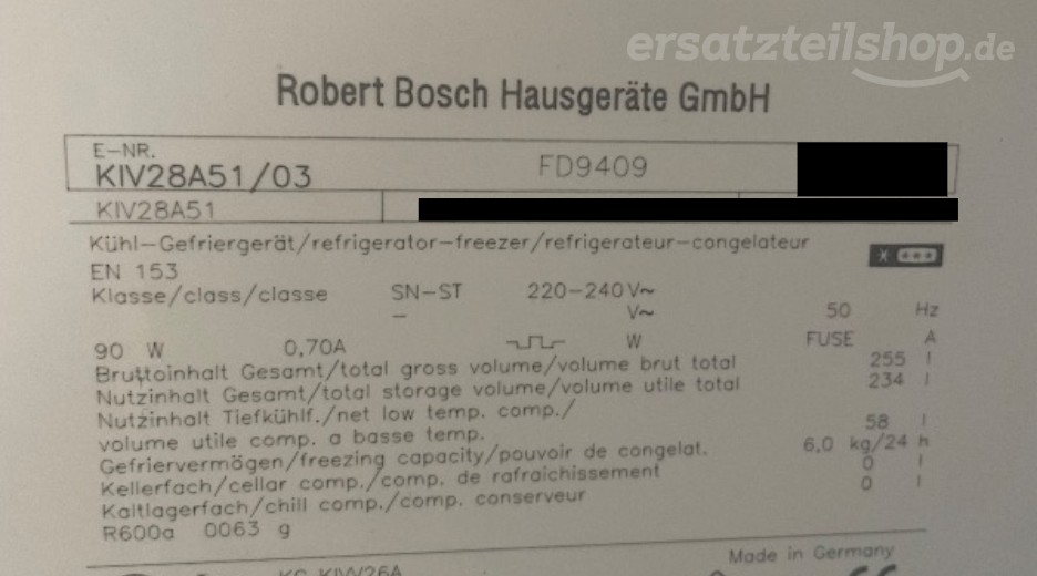 Typenschild Bosch KIV28A51/03