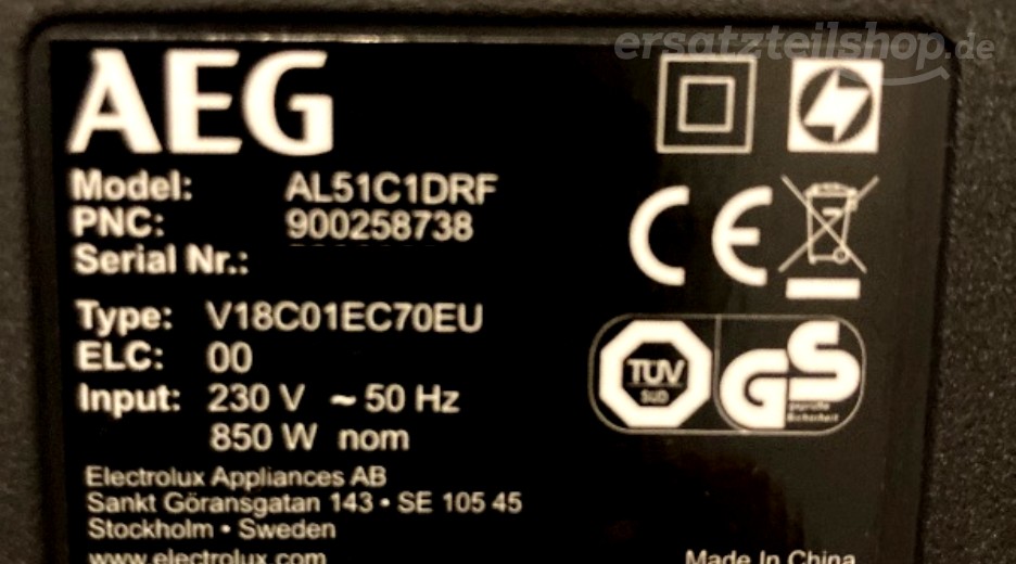 Typenschild AEG AL51C1DRF 90025873800
