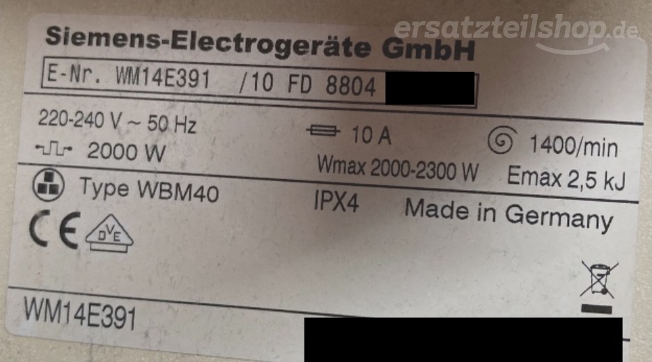 Typenschild Siemens WM14E391/10