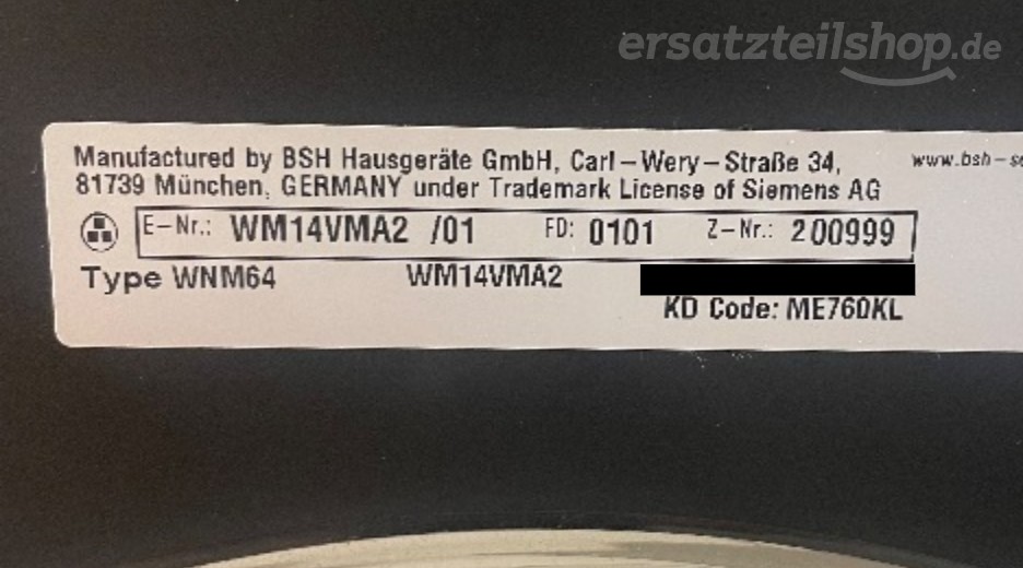 Typenschild Siemens WM14VMA2/01