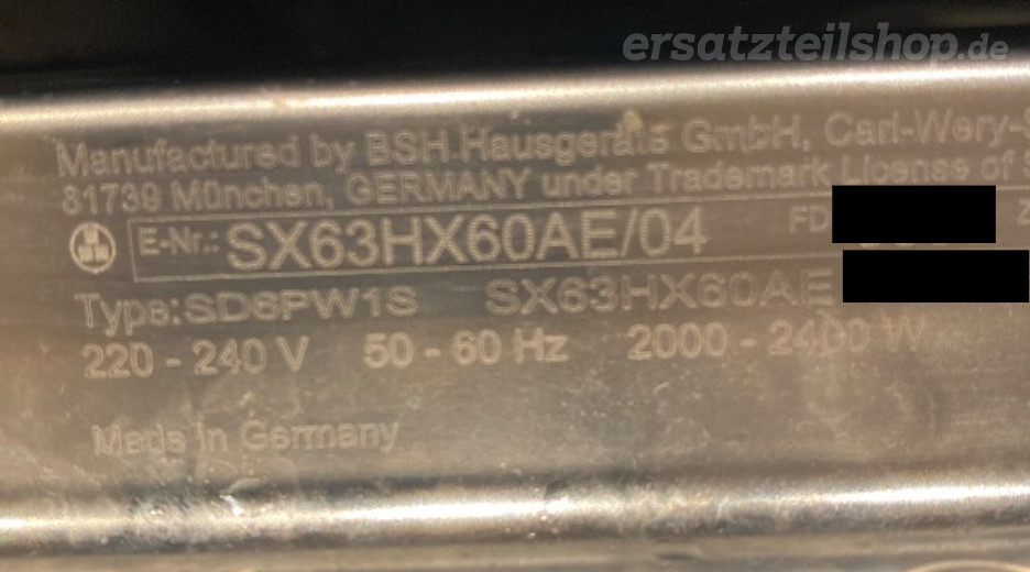 Typenschild Siemens SX63HX60AE/04