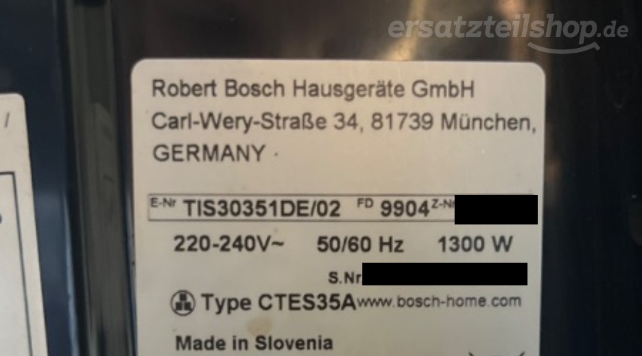Typenschild Bosch TIS30351DE/02