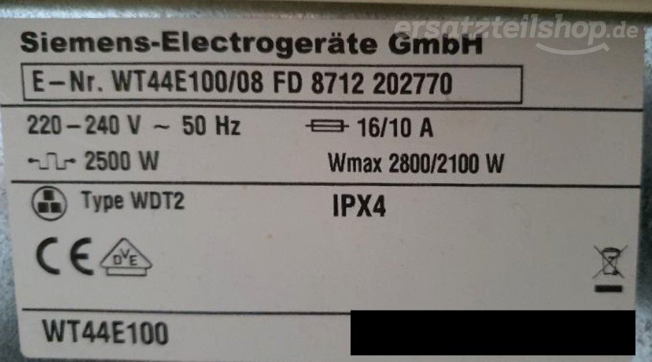 Typenschild Siemens WT44E100/08