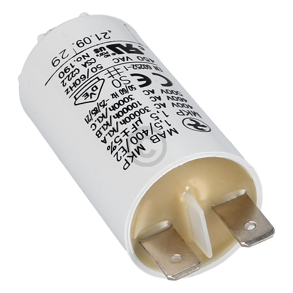 Kondensator 1,5µF 400V HYDRA MAB MKP universal mit Steckfahnen und Befestigungsschraube u.a. für Trockner