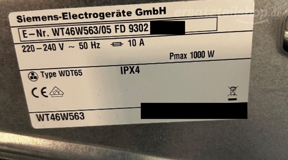 Typenschild Siemens WT46W563/05
