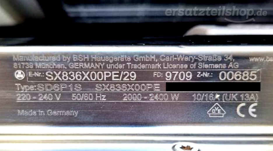 Typenschild Siemens SX836X00PE/29