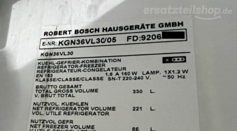 Typenschild Bosch KGN36VL30/05