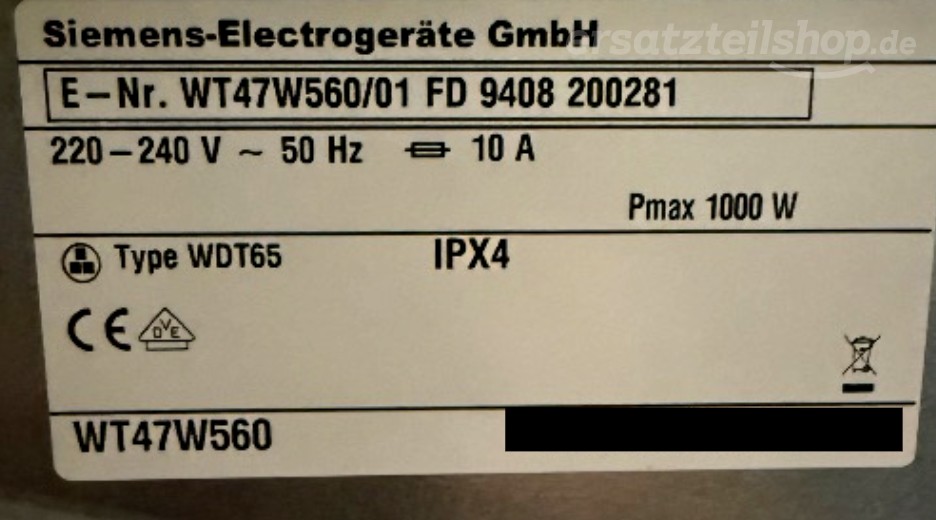 Typenschild Siemens WT47W560/01