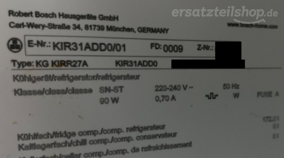 Typenschild Bosch KIR31ADD0/01