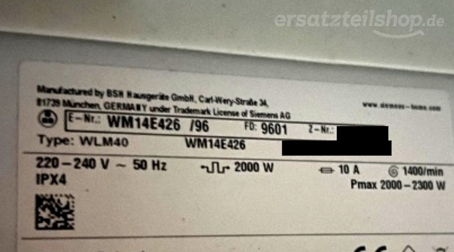 Typenschild Siemens WM14E426/96