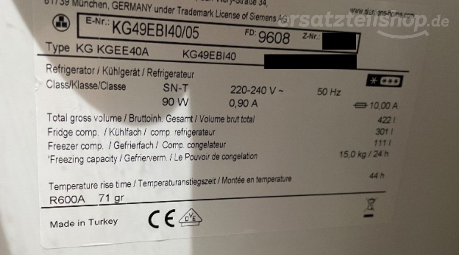 Typenschild Siemens KG49EBI40/05