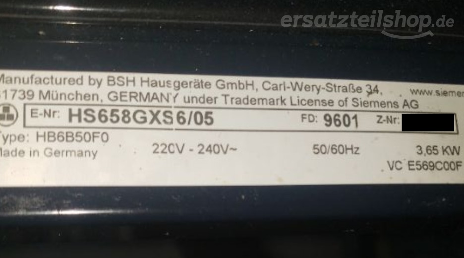 Typenschild Siemens HS658GXS6/05