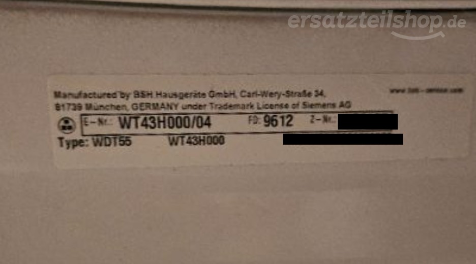 Typenschild Siemens WT43H000/04