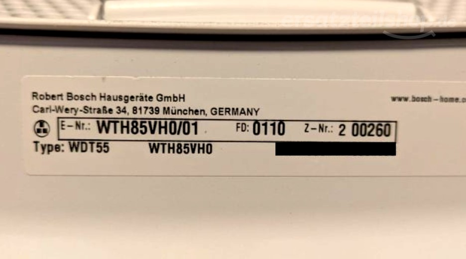 Typenschild Bosch WTH85VH0/01