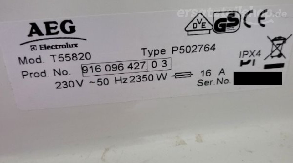 Typenschild AEG T55820 91609642703