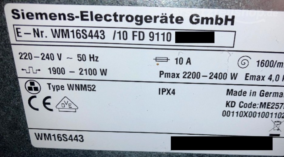 Typenschild Siemens WM16S443/10