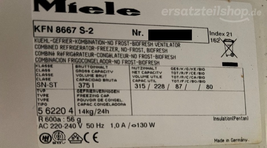 Typenschild Miele KFN 8667 S-2 KFN8667S-2