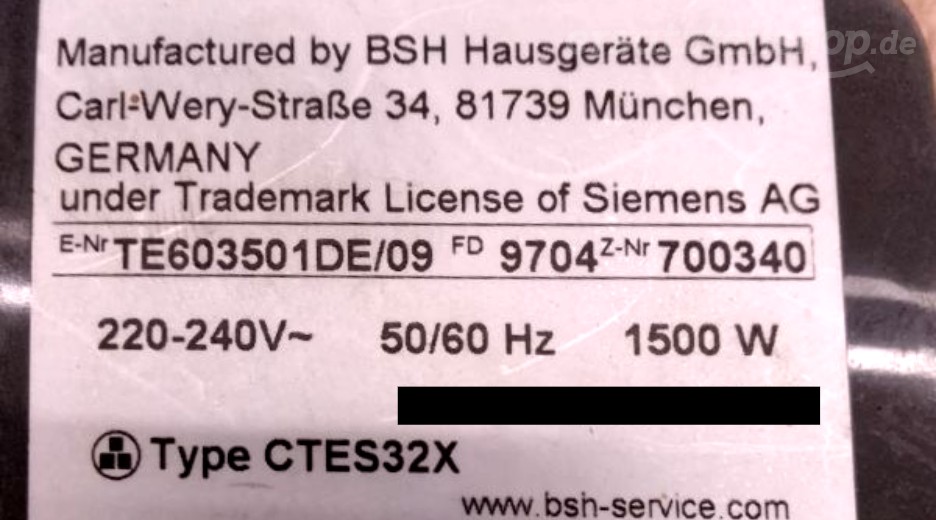 Typenschild Siemens TE603501DE/09