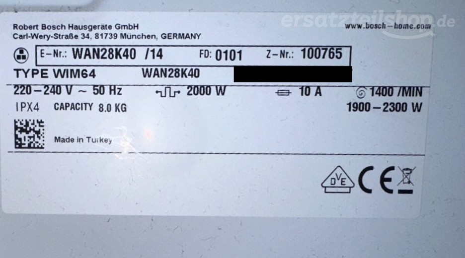 Typenschild Bosch G 2670 -60 WAN28K40/14