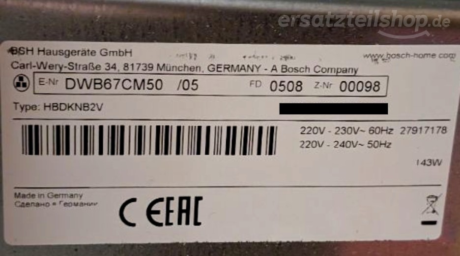 Typenschild Bosch DWB67CM50/05