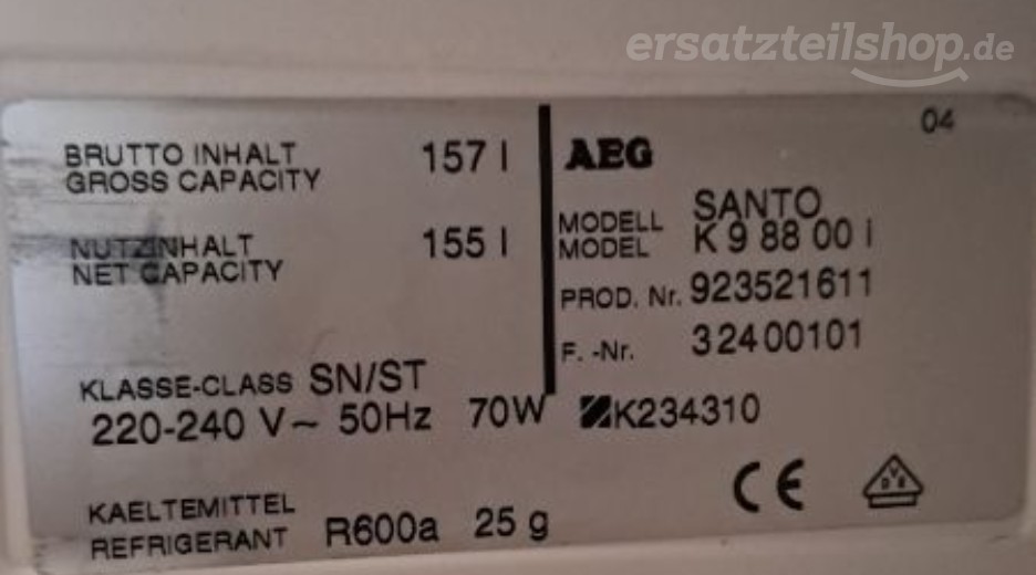 Typenschild AEG SK98800I 92352161100