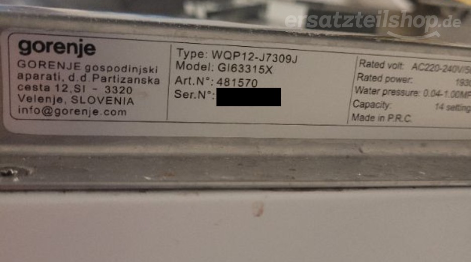 Typenschild Gorenje GI63315X 481570