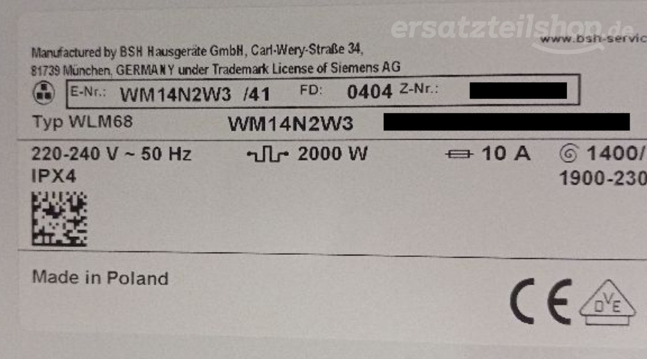 Typenschild Siemens WM14N2W3/41