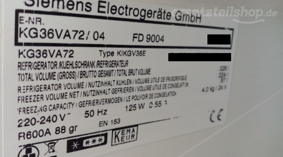 Typenschild Siemens KG36VA72/04
