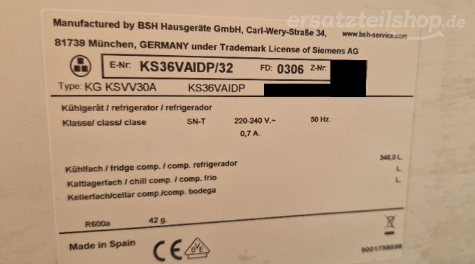 Typenschild Siemens KS36VAIDP/32