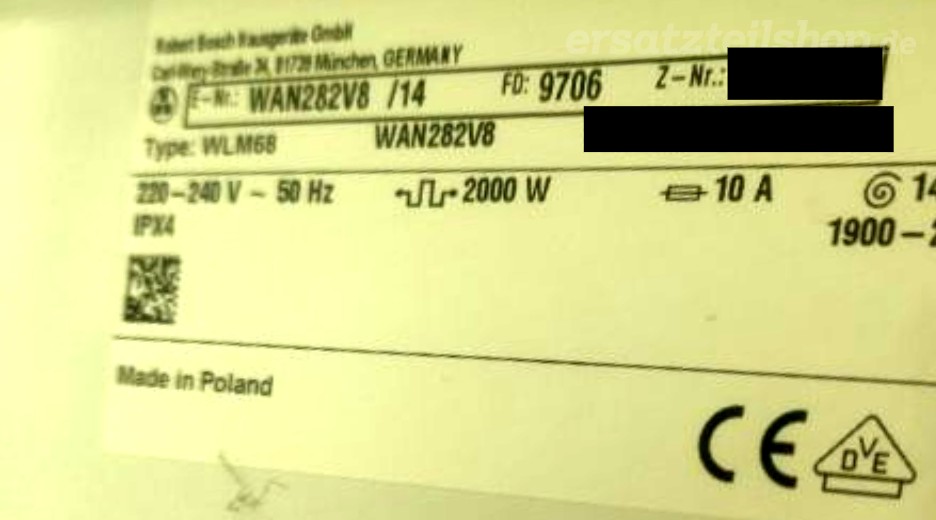 Typenschild Bosch WAN282V8/14