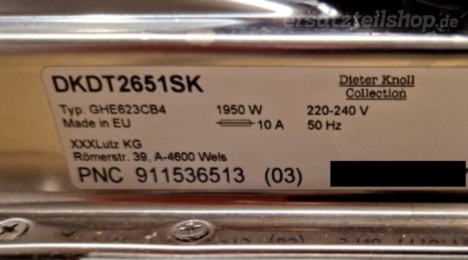 Typenschild Electrolux DKDT2651SK 91153651305