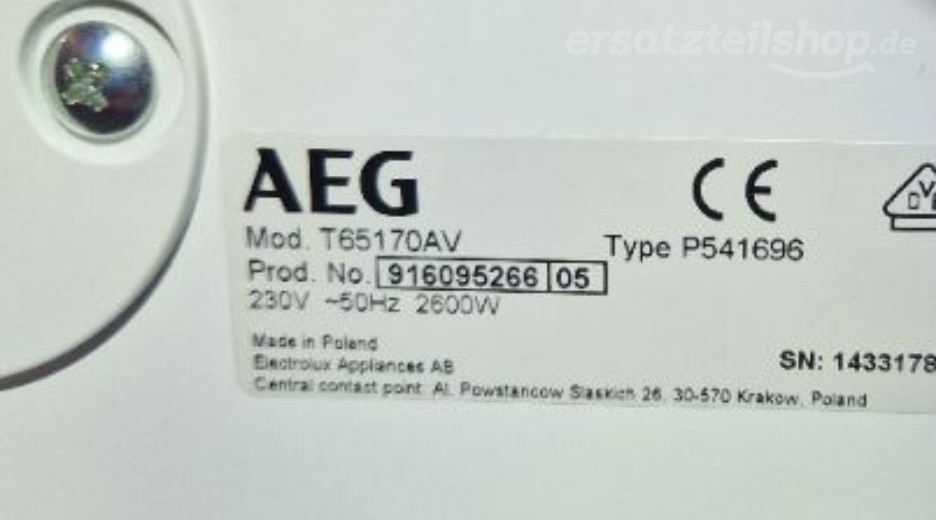 Typenschild AEG T65170AV 91609526605