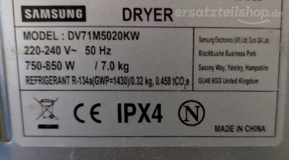 Typenschild Samsung DV71M5020KW/EG