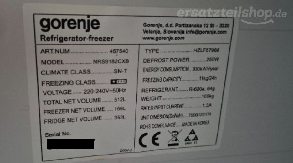 Typenschild Gorenje NRS9182CXB 457540