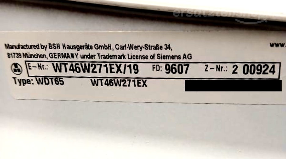 Typenschild Siemens WT46W271EX/19