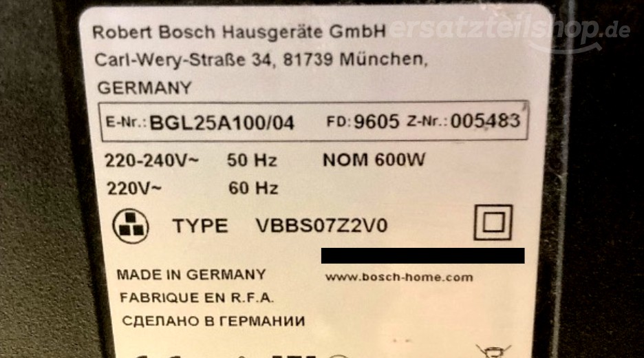 Typenschild Bosch BGL25A100/04