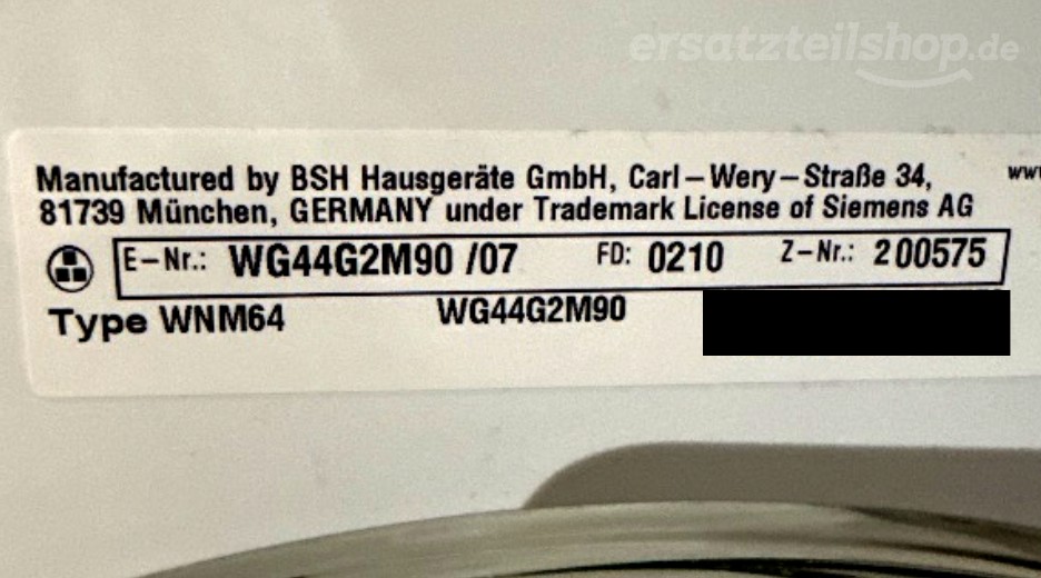 Typenschild Siemens WG44G2M90/07