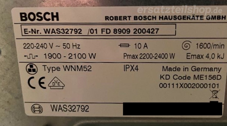 Typenschild Bosch WAS32792/01