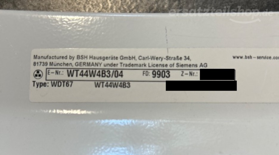 Typenschild Siemens WT44W4B3/04
