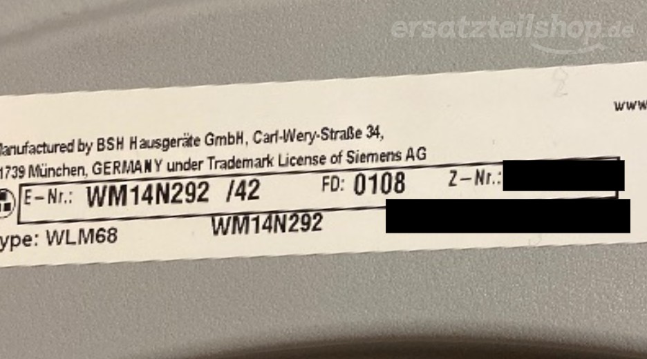 Typenschild Siemens WM14N292/42