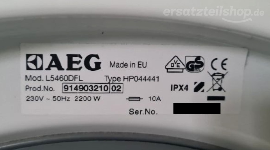 Typenschild AEG L5460DFL 91490321002