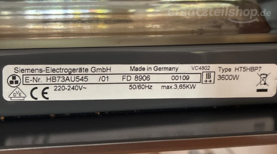 Typenschild Siemens HB73AU545/01