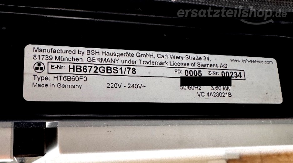 Typenschild Siemens HB672GBS1/78